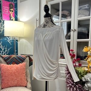 ANNE TAYLOR , Cream Draped Faux-Wrap Long Sleeve Top - In size L
